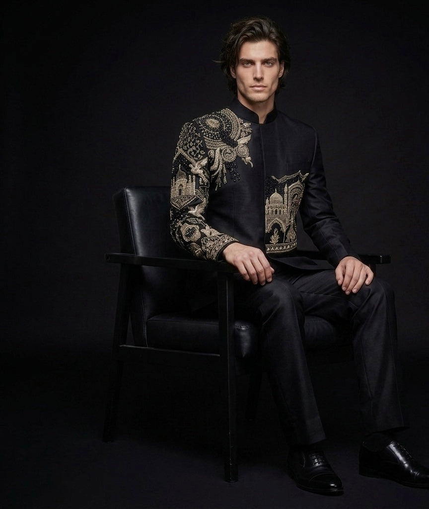 Jodhpuri Suit Luxury Black Silk Hand Embroidered