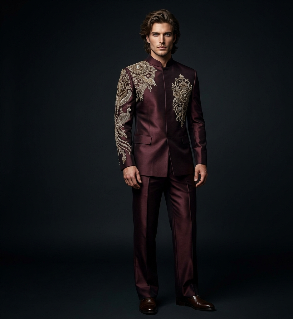 Jodhpuri Suit – REGEL Hand Embroidered Burgundy Silk