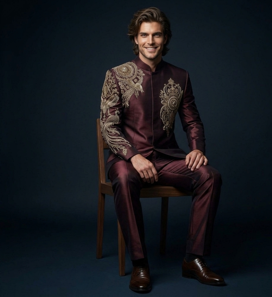 Jodhpuri Suit – REGEL Hand Embroidered Burgundy Silk