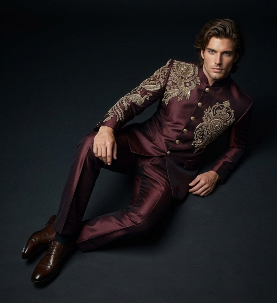 Jodhpuri Suit – REGEL Hand Embroidered Burgundy Silk