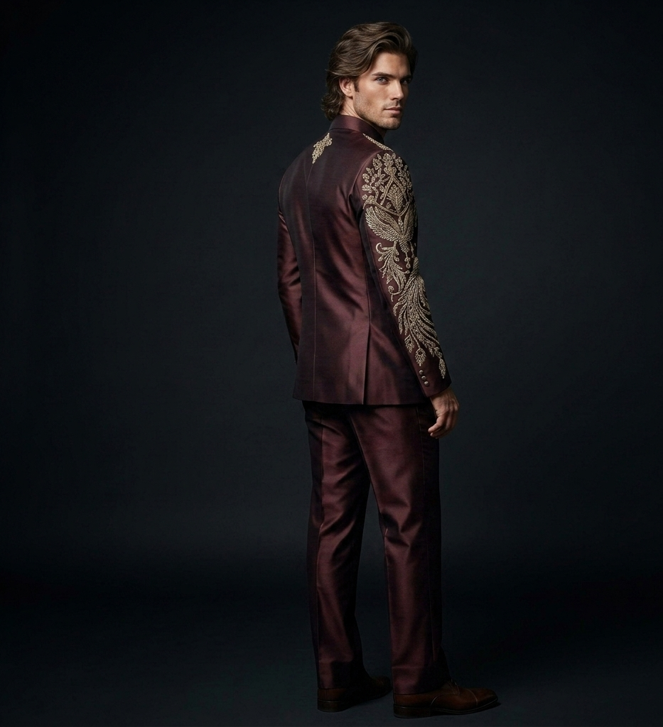 Jodhpuri Suit – REGEL Hand Embroidered Burgundy Silk