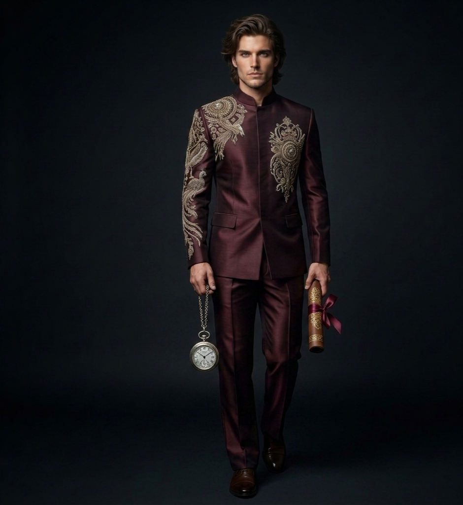 Jodhpuri Suit – REGEL Hand Embroidered Burgundy Silk