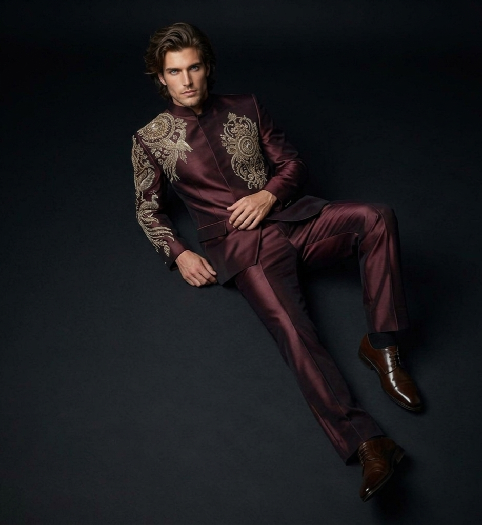 Jodhpuri Suit – REGEL Hand Embroidered Burgundy Silk