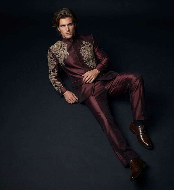Jodhpuri Suit – REGEL Hand Embroidered Burgundy Silk