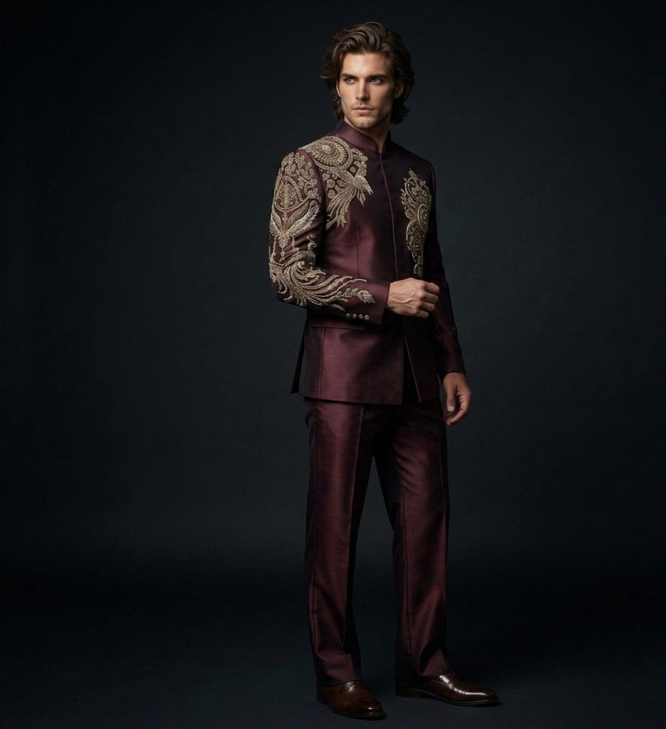 Jodhpuri Suit – REGEL Hand Embroidered Burgundy Silk
