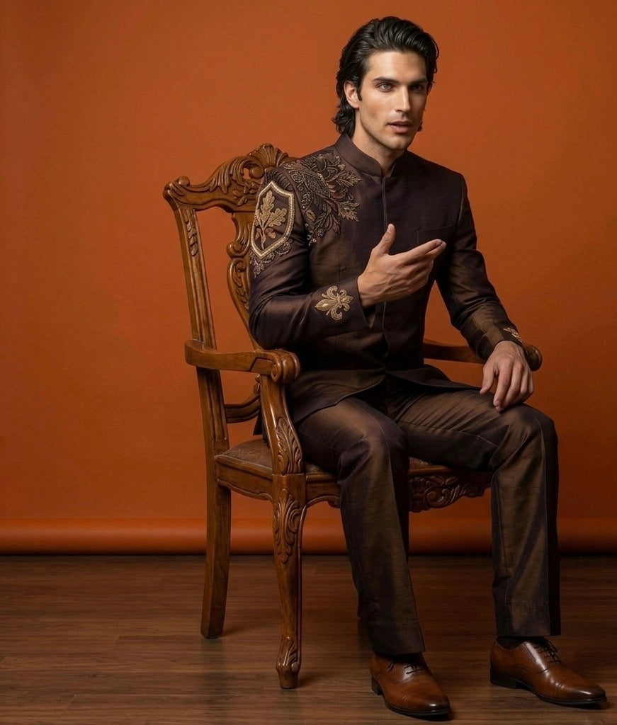 Jodhpuri Suit – The Oak & Empire Hand Embroidered Brown edition