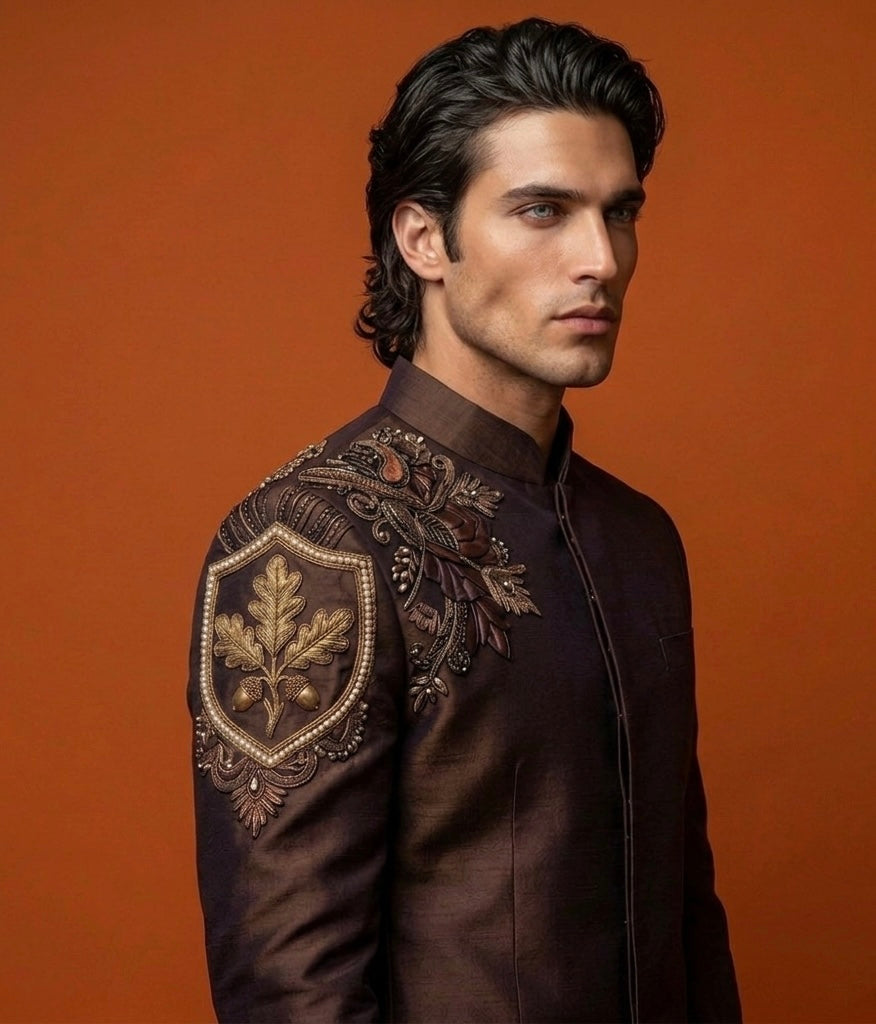 Jodhpuri Suit – The Oak & Empire Hand Embroidered Brown edition