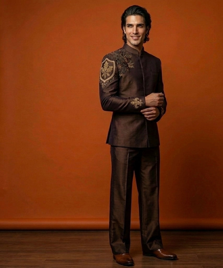 Jodhpuri Suit – The Oak & Empire Hand Embroidered Brown edition