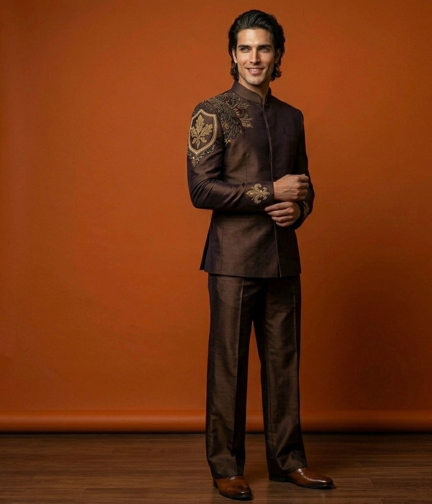 Jodhpuri Suit – The Oak & Empire Hand Embroidered Brown edition