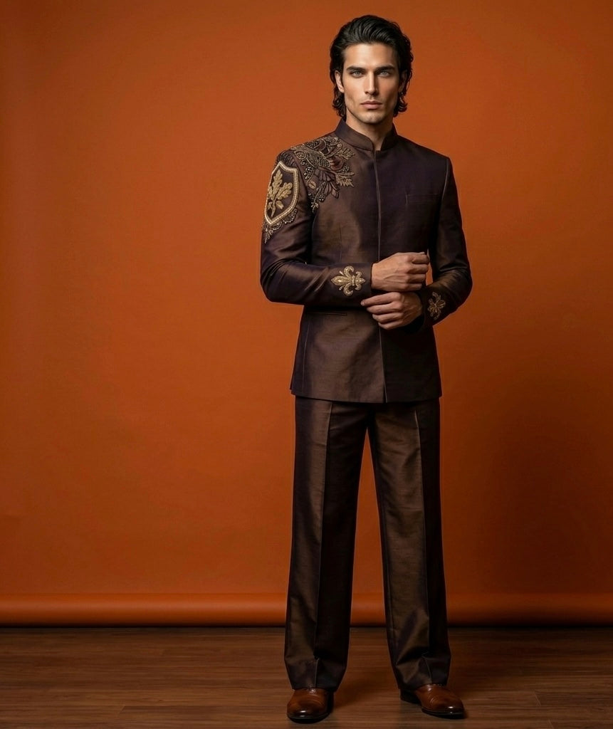 Jodhpuri Suit – The Oak & Empire Hand Embroidered Brown edition