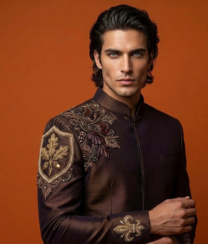 Jodhpuri Suit – The Oak & Empire Hand Embroidered Brown edition