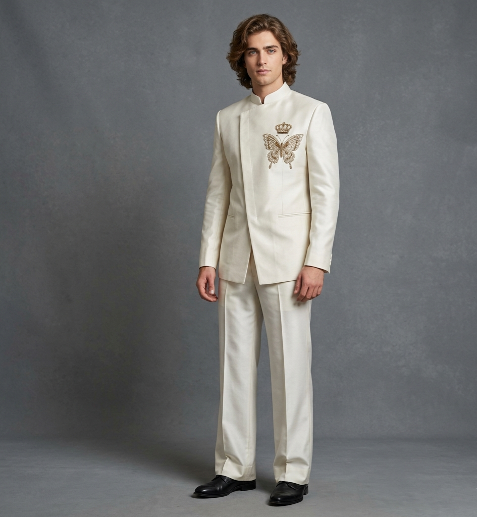 Man wearing a white embroidered suit against a gray background