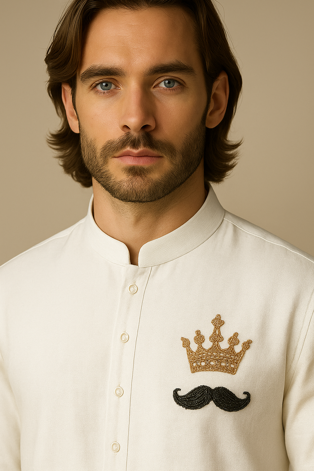 Man wearing a white shirt with a crown and mustache embroidery on a beige background