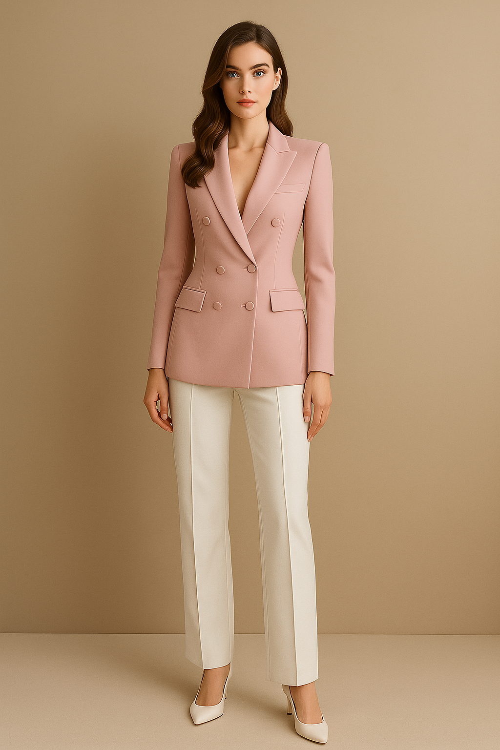 Woman wearing a pink blazer and white pants against a beige background