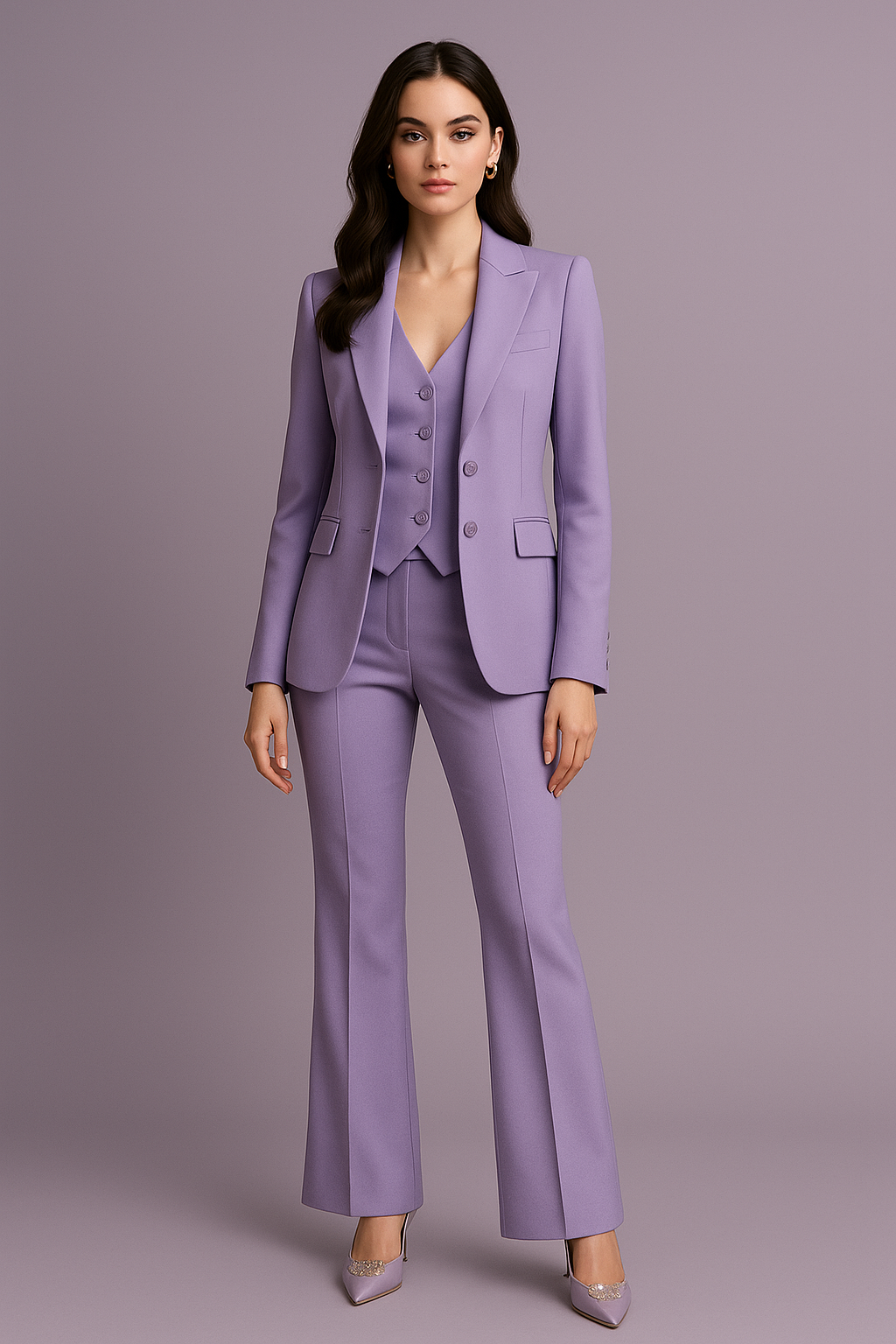 Woman wearing a lavender suit on a plain background