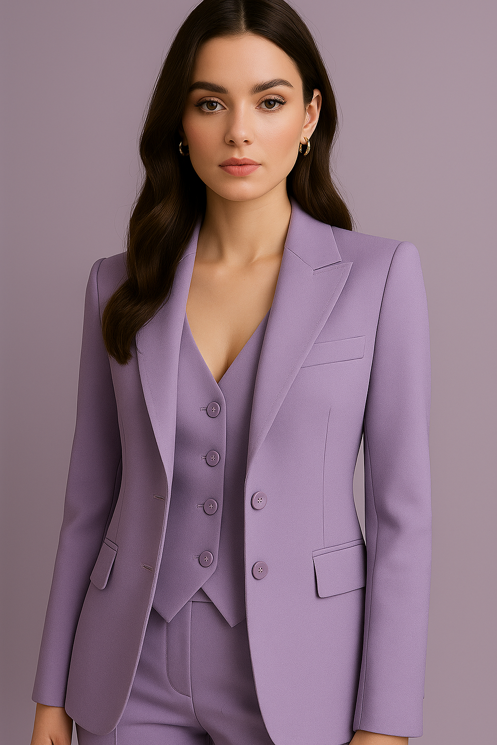 Woman wearing a lavender suit against a plain background