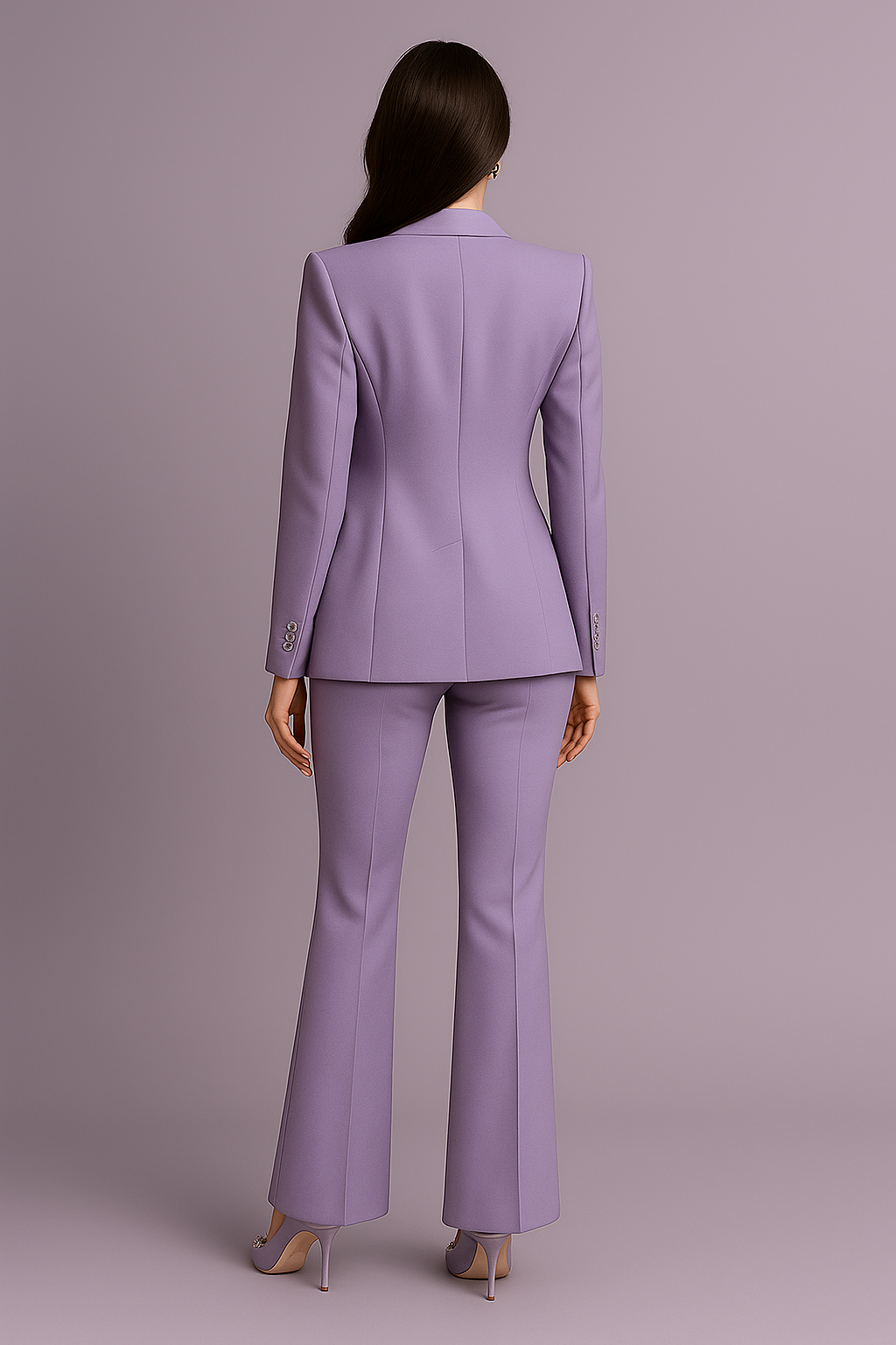 Purple suit worn by a model on a plain background