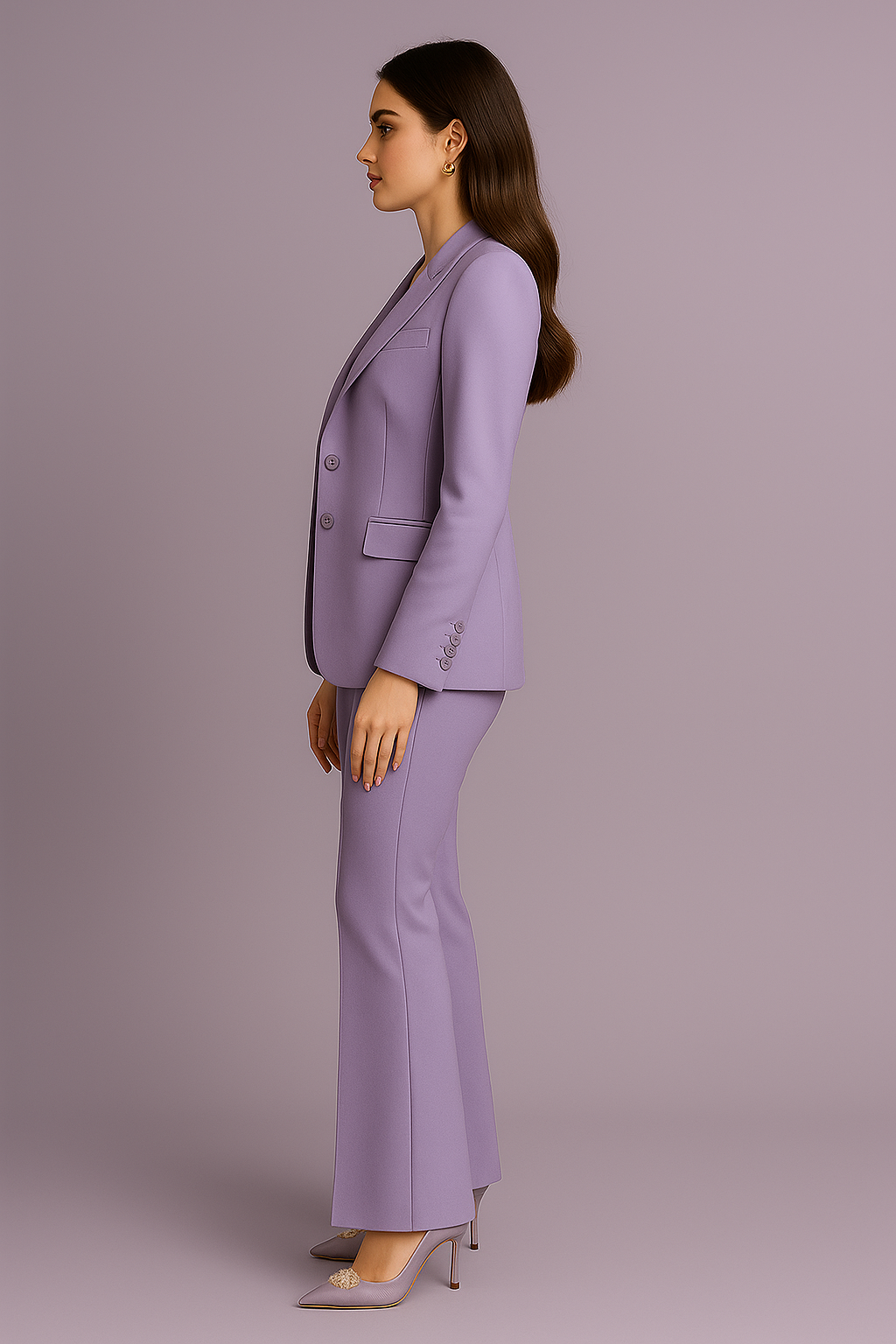 Woman wearing a lavender suit standing against a plain background