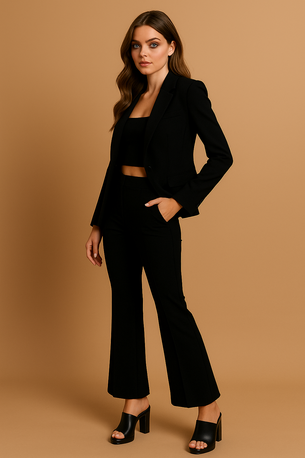 Woman wearing a black suit standing against a beige background