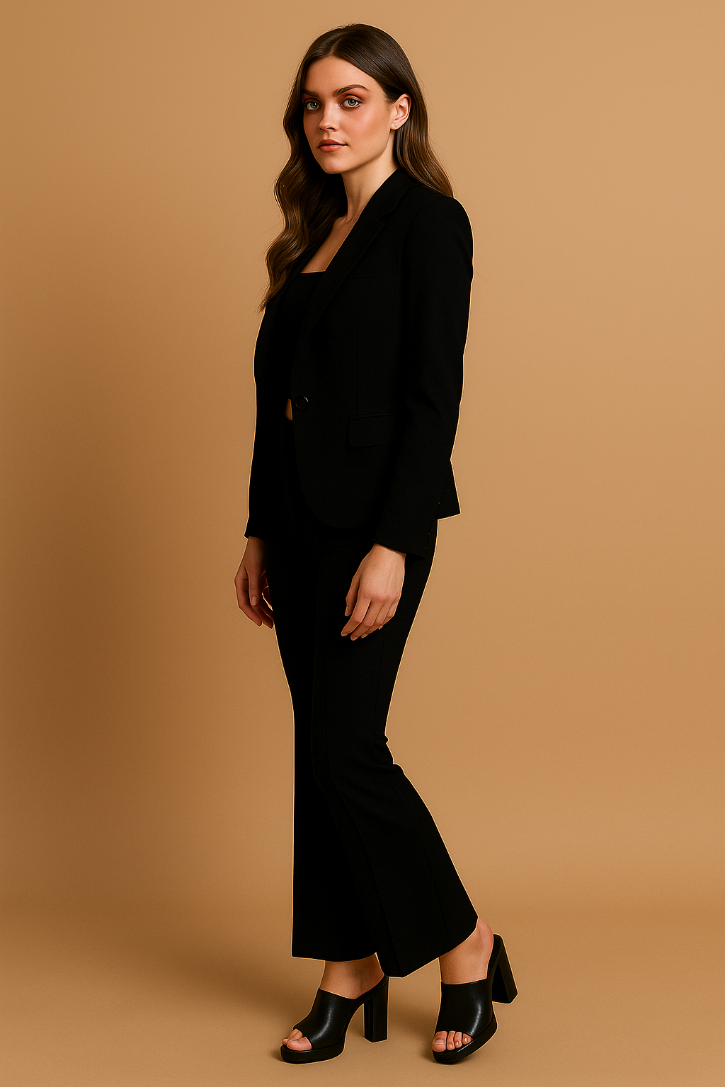 Woman wearing a black suit against a beige background