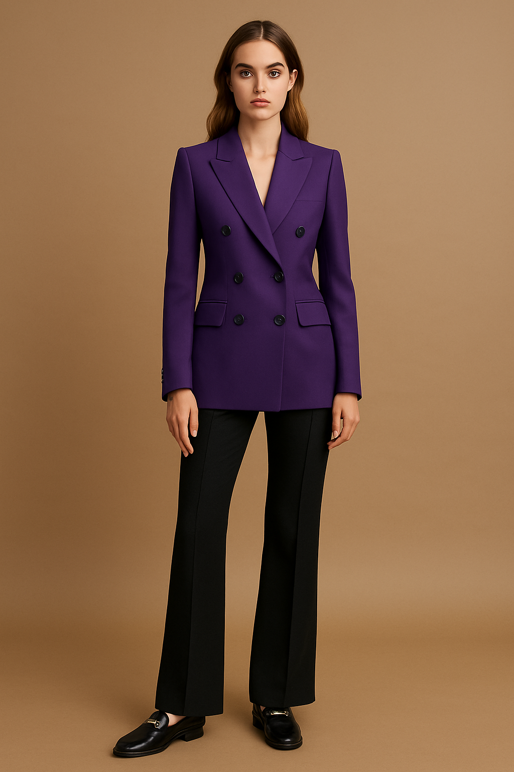 Woman wearing a purple blazer and black pants on a brown background
