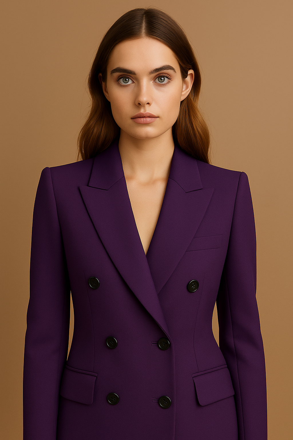 Woman wearing a purple blazer against a brown background
