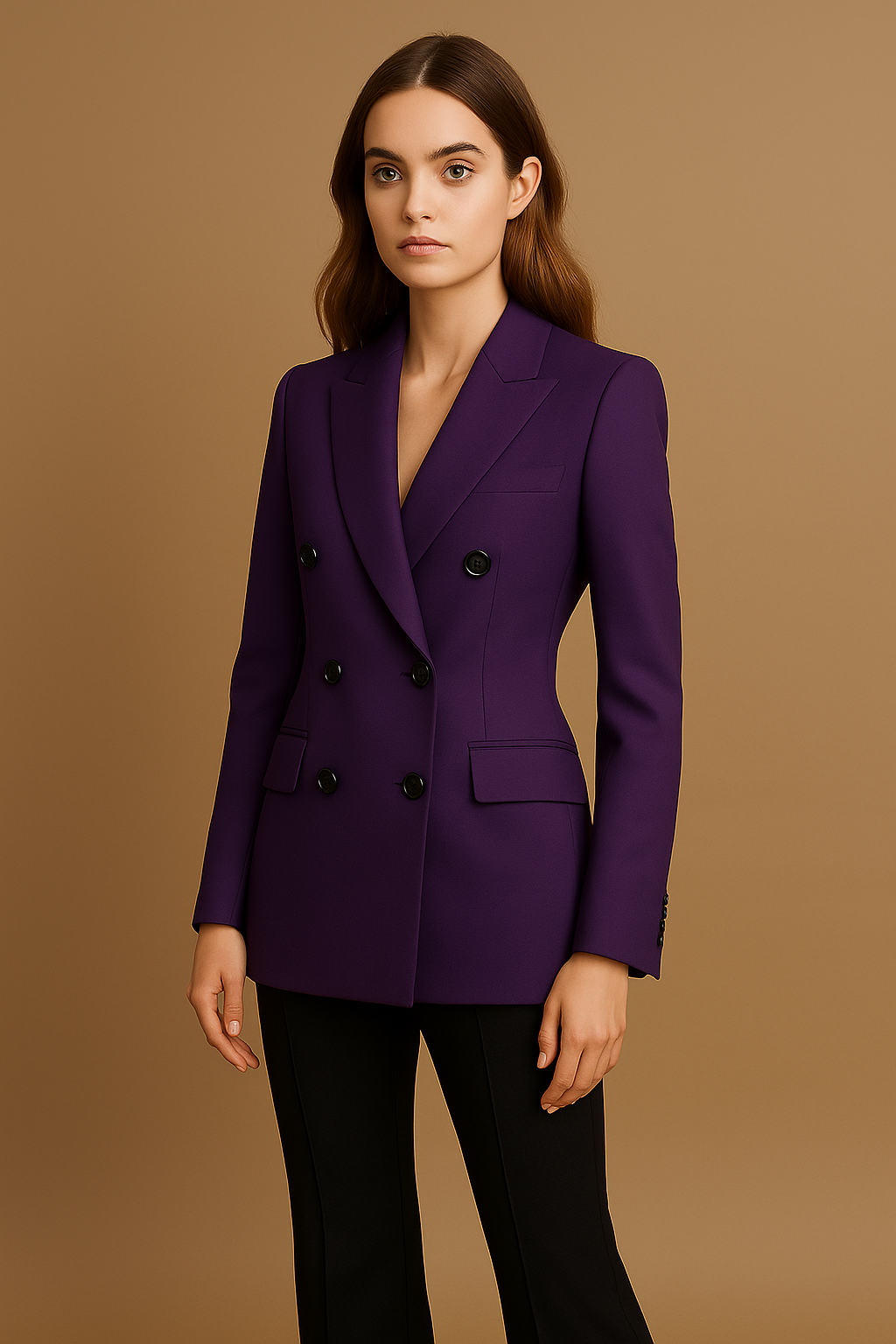 Woman wearing a purple blazer against a brown background