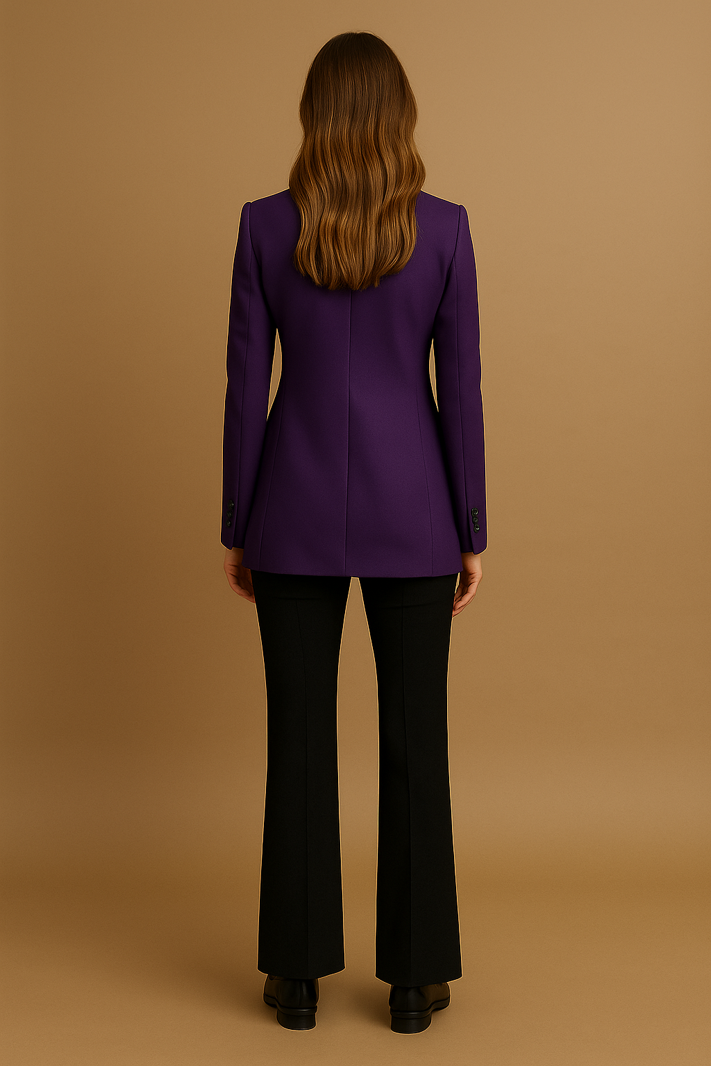 Person wearing a purple blazer and black pants on a beige background