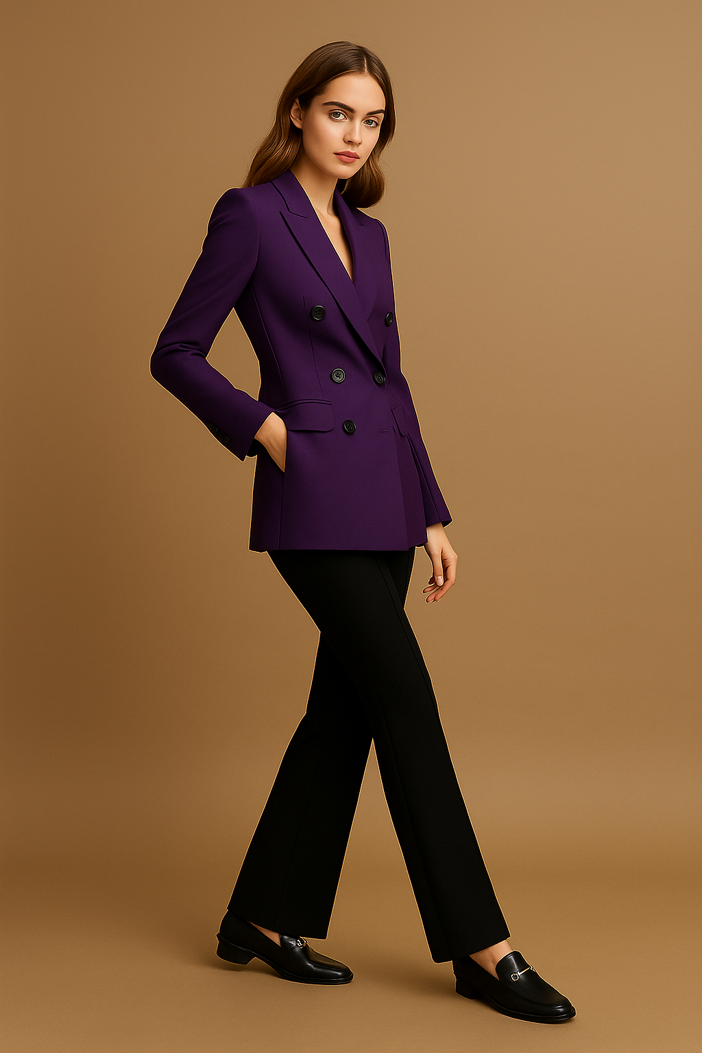 Woman wearing a purple blazer and black pants against a brown background