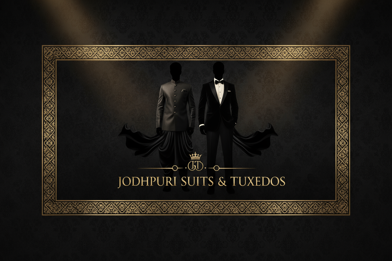 create best dark theme banner with border for this for luxury jodhpuri suit & tuxidoes for men women