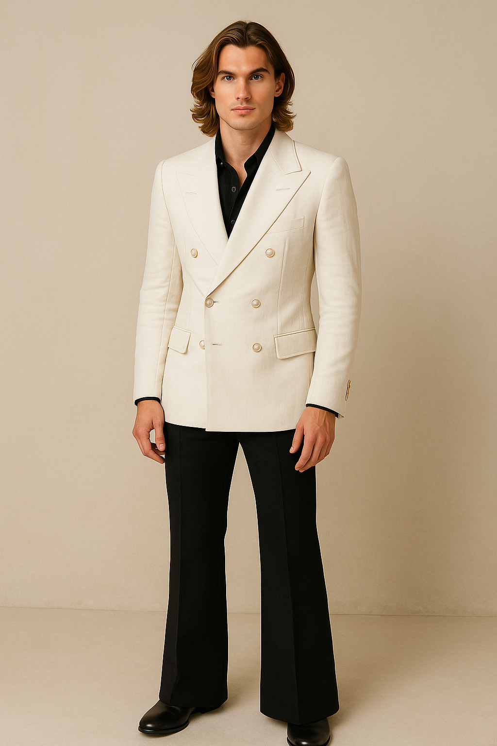 Man wearing a white double-breasted jacket and black pants on a beige background