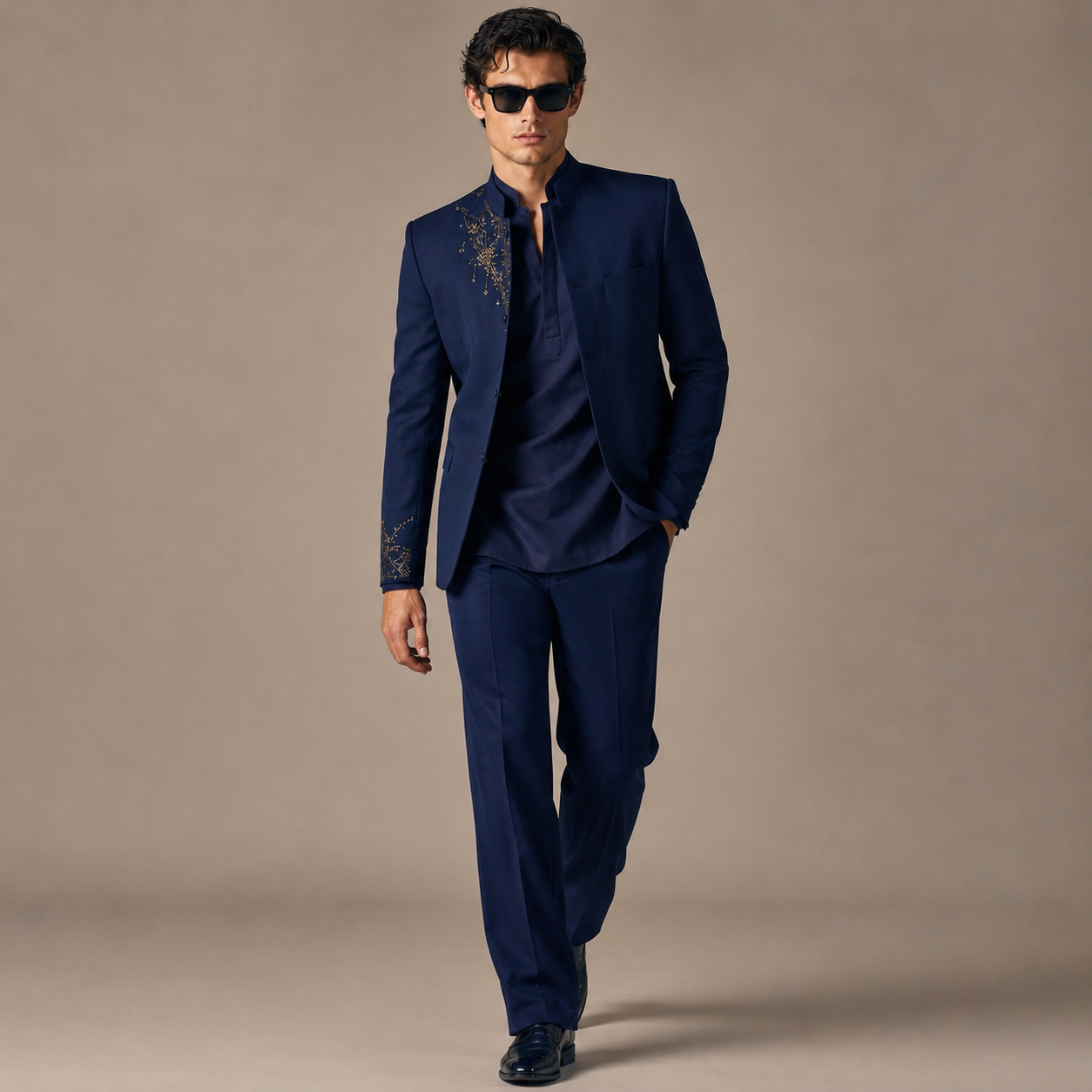 Luxury Dark Navy Blue Open Jodhpuri Kurta Set | Gold Embroidered Jacket & Matching Pants