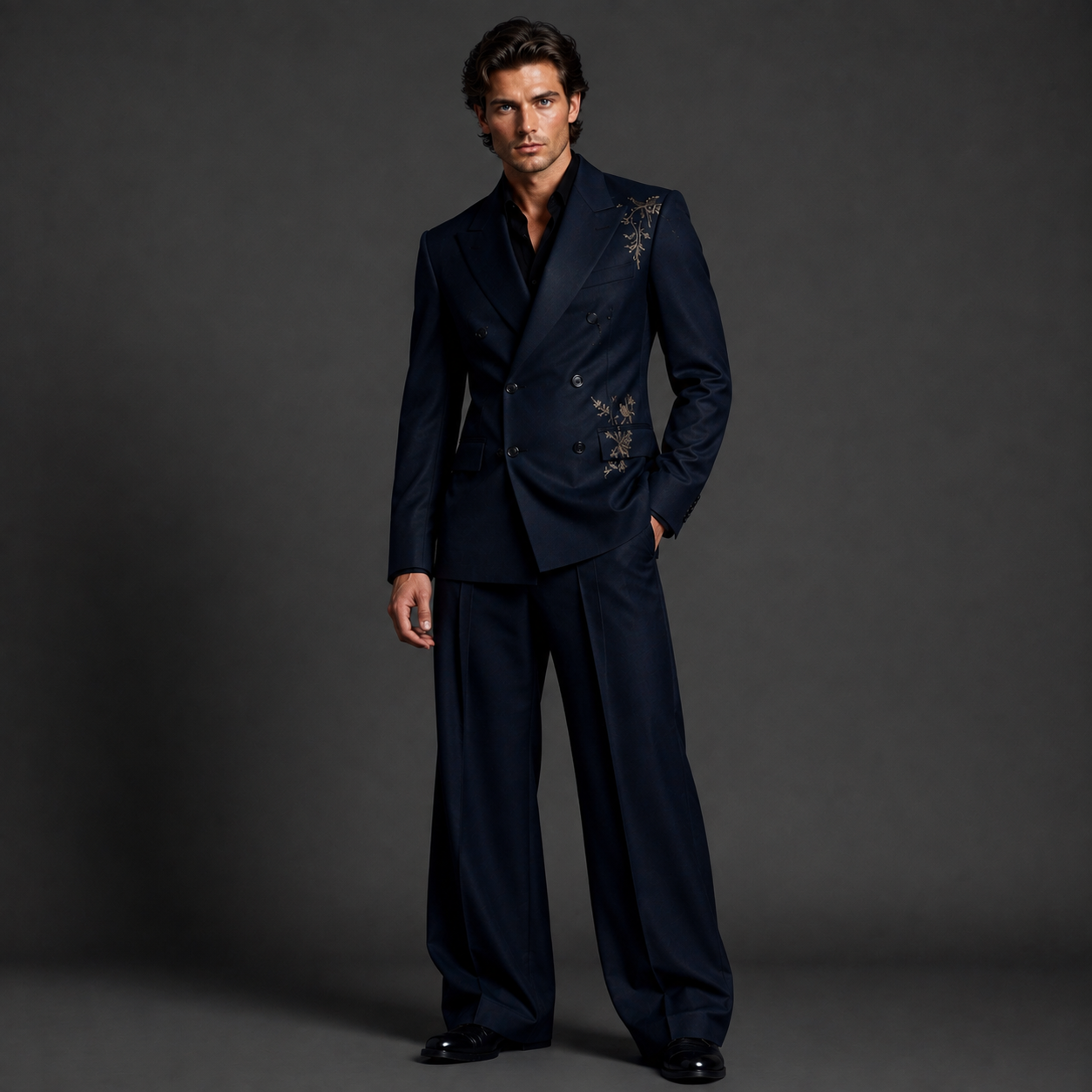 Luxury Dark Navy Double Breasted Suit for Men | Ornate Gold Embroidered Designer Suit