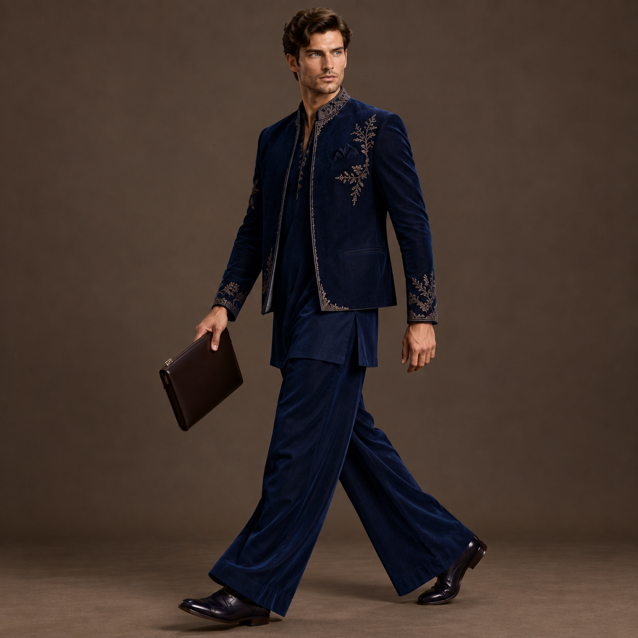 Luxury Navy Blue Open Jodhpuri Suit for Men | Hand Embroidered Jacket, Short Kurta & Wide-Leg Pants