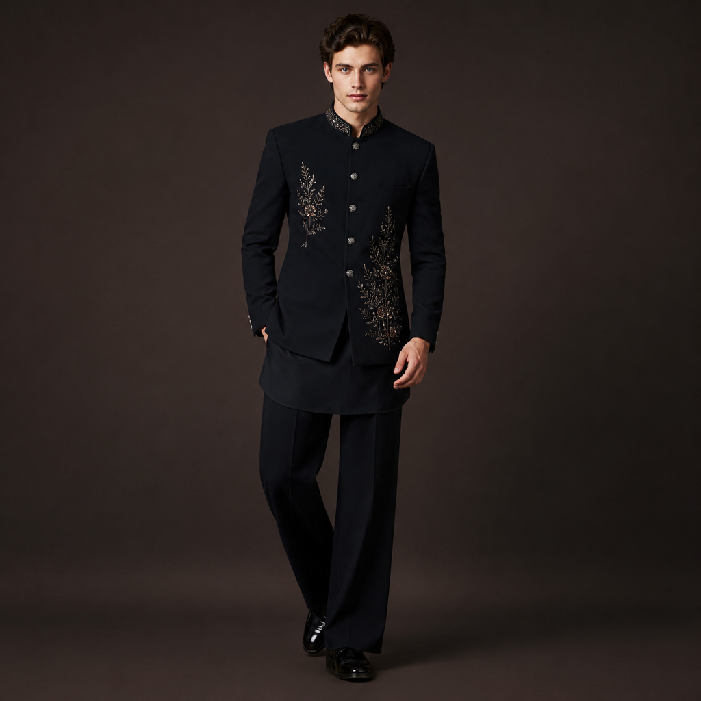 Luxury Black Indo Western Jodhpuri Suit for Men | Hand Embroidered Kurta & Bootcut Pants
