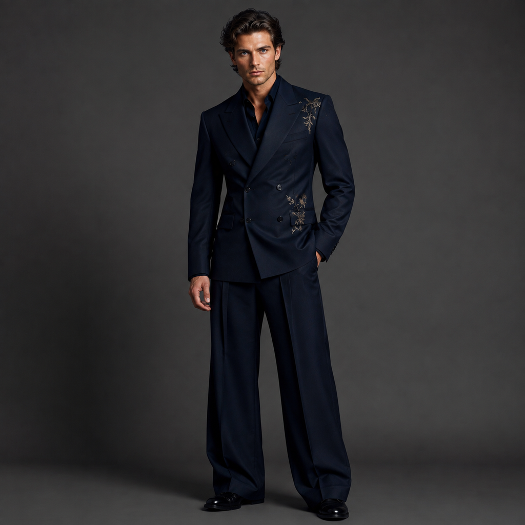 A man modeling a dark navy double-breasted suit with ornate gold embroidery on the lapels and shoulders, paired with matching trousers, a black shirt, and black dress shoes against a dark gray studio background.