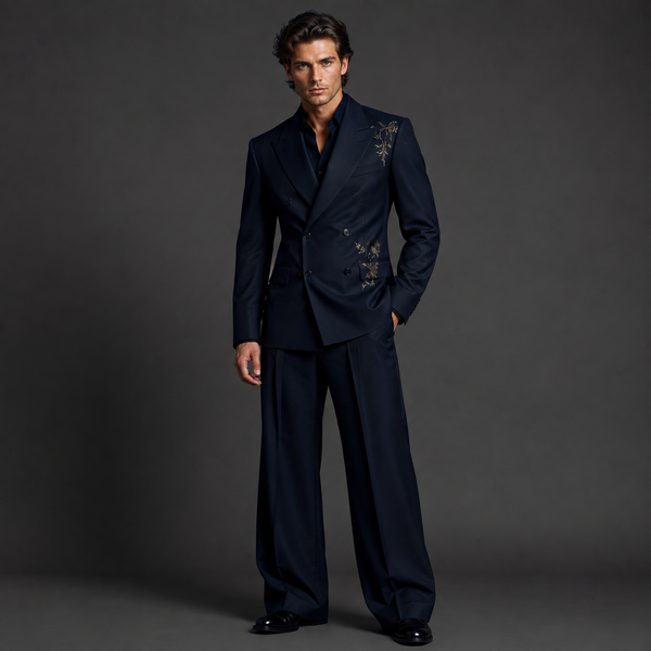 A man modeling a dark navy double-breasted suit with ornate gold embroidery on the lapels and shoulders, paired with matching trousers, a black shirt, and black dress shoes against a dark gray studio background.