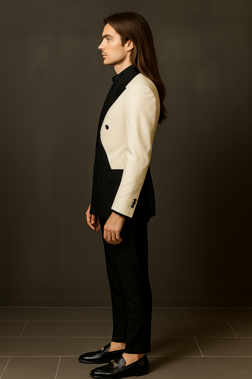 Person wearing a black and white suit with a plain background