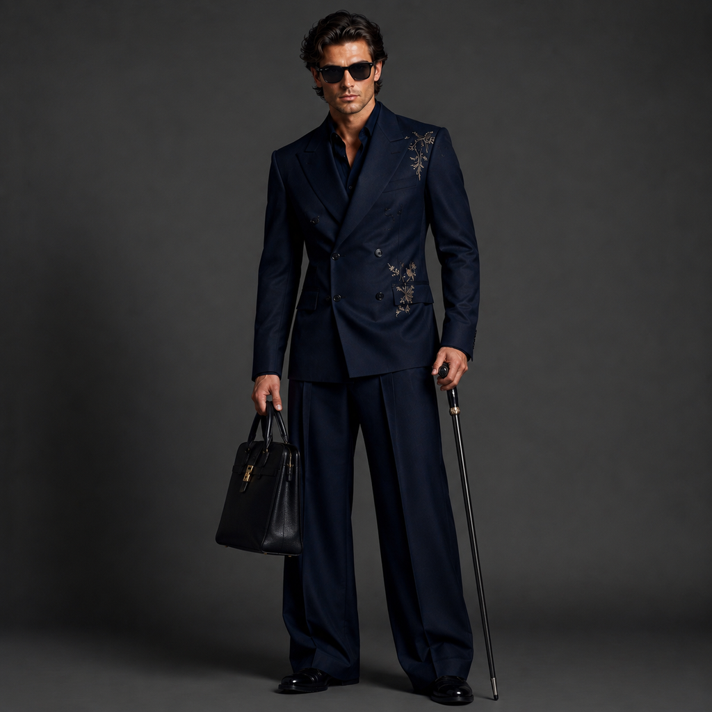 Luxury Dark Navy Double Breasted Suit for Men | Ornate Gold Embroidered Designer Suit