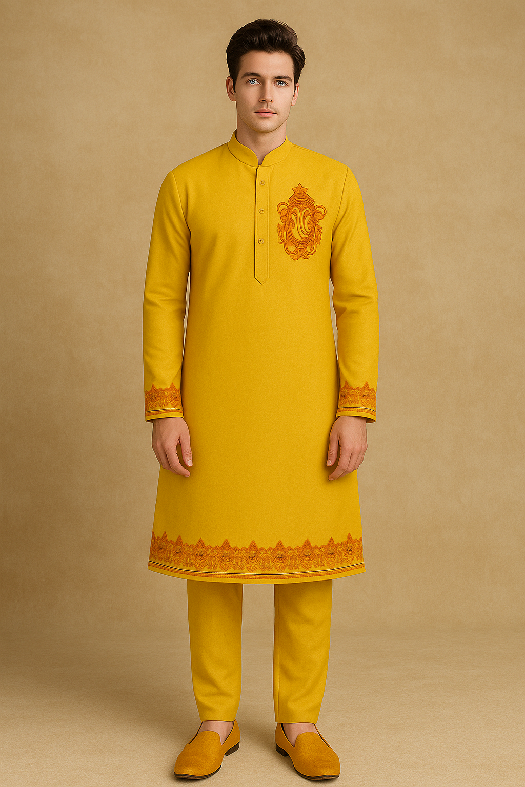 Man wearing a yellow kurta with intricate design on a beige background