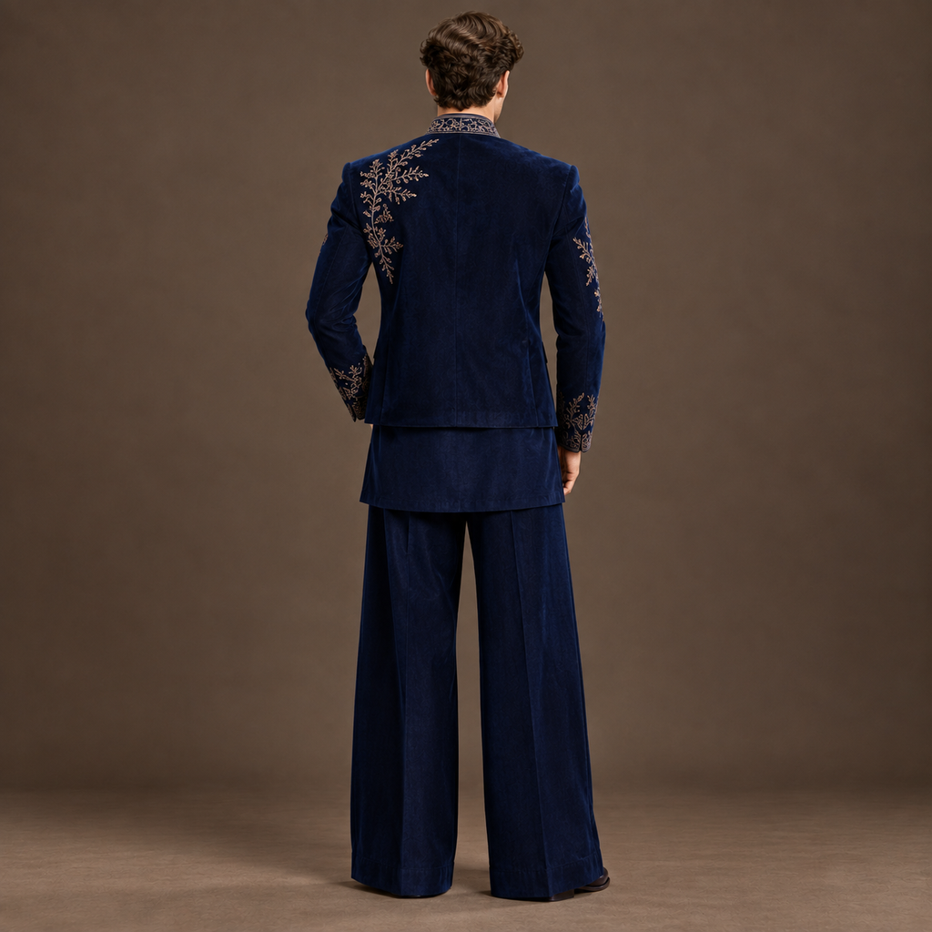 Luxury Navy Blue Open Jodhpuri Suit for Men | Hand Embroidered Jacket, Short Kurta & Wide-Leg Pants