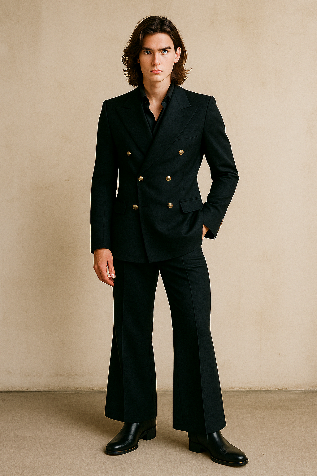 Man wearing a black suit with gold buttons against a beige background