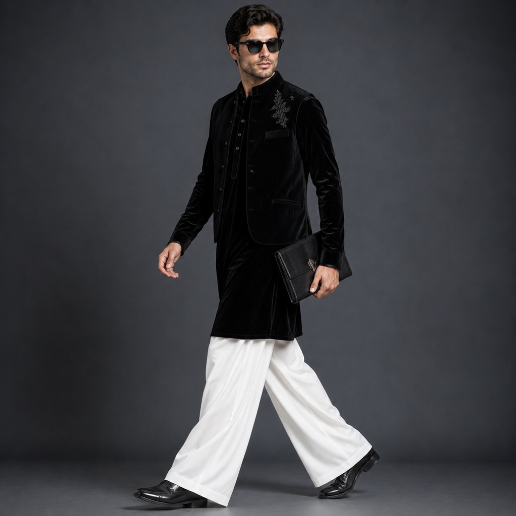 Luxury Black Velvet Open Jodhpuri Jacket | Silver Embroidered Kurta Jacket with White Trousers