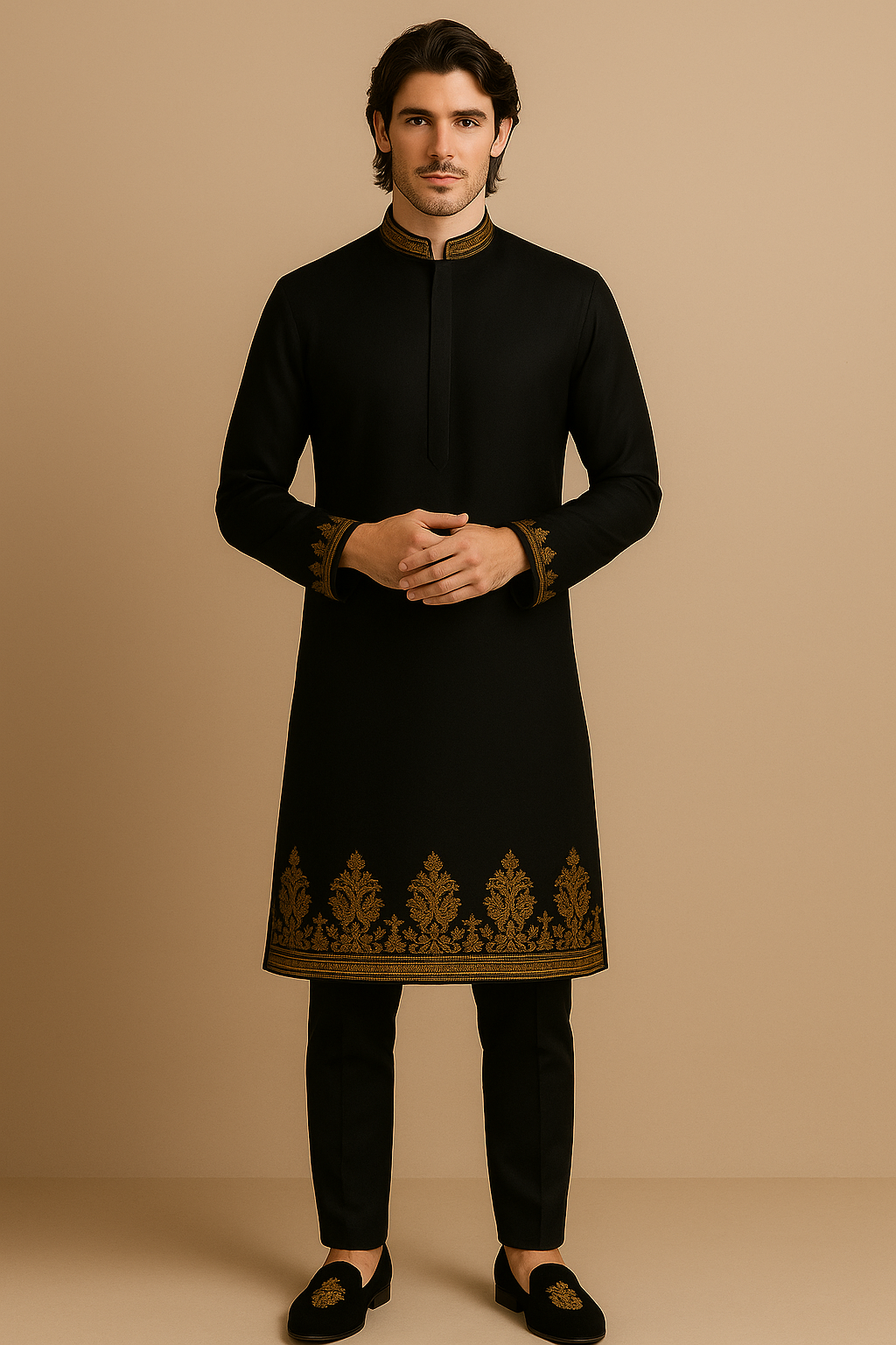Man wearing a black kurta with gold embroidery on a beige background