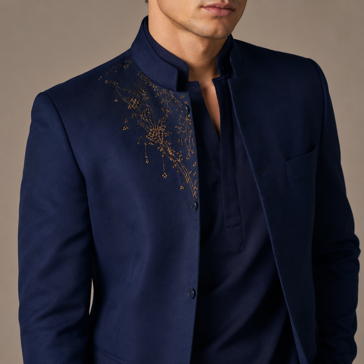 Luxury Dark Navy Blue Open Jodhpuri Kurta Set | Gold Embroidered Jacket & Matching Pants
