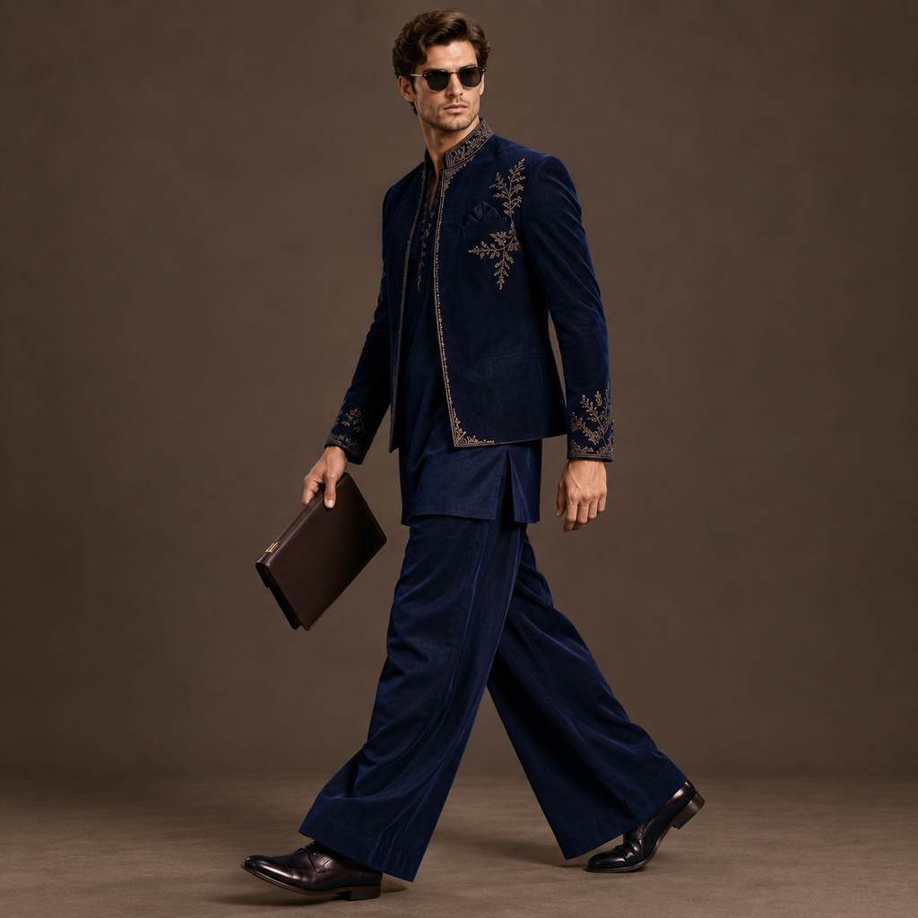 Luxury Navy Blue Open Jodhpuri Suit for Men | Hand Embroidered Jacket, Short Kurta & Wide-Leg Pants