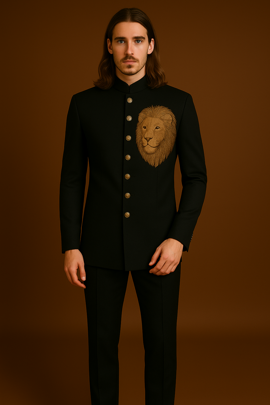 Man wearing a black suit with a lion emblem on a brown background