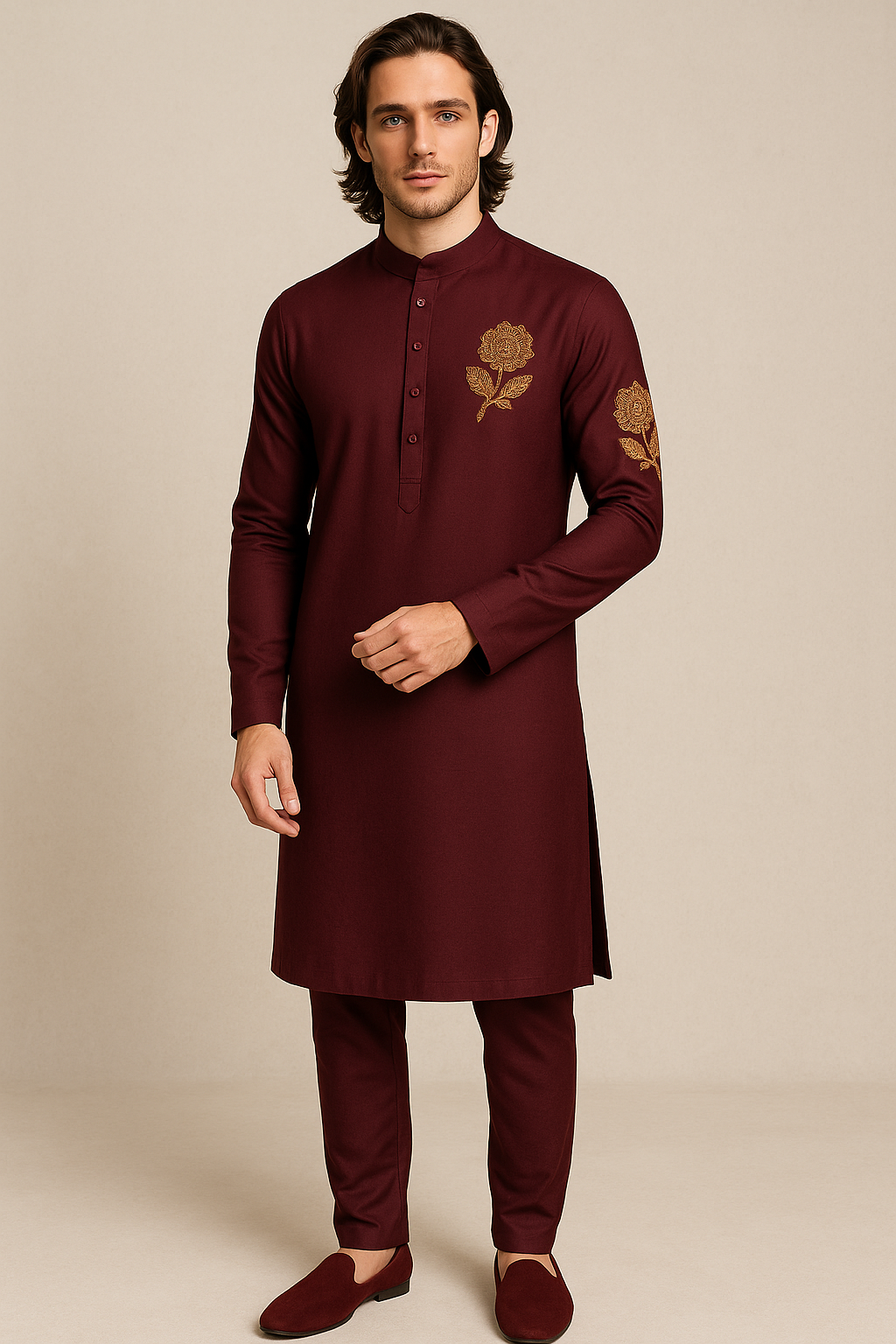 Man wearing a maroon kurta with floral embroidery on a beige background