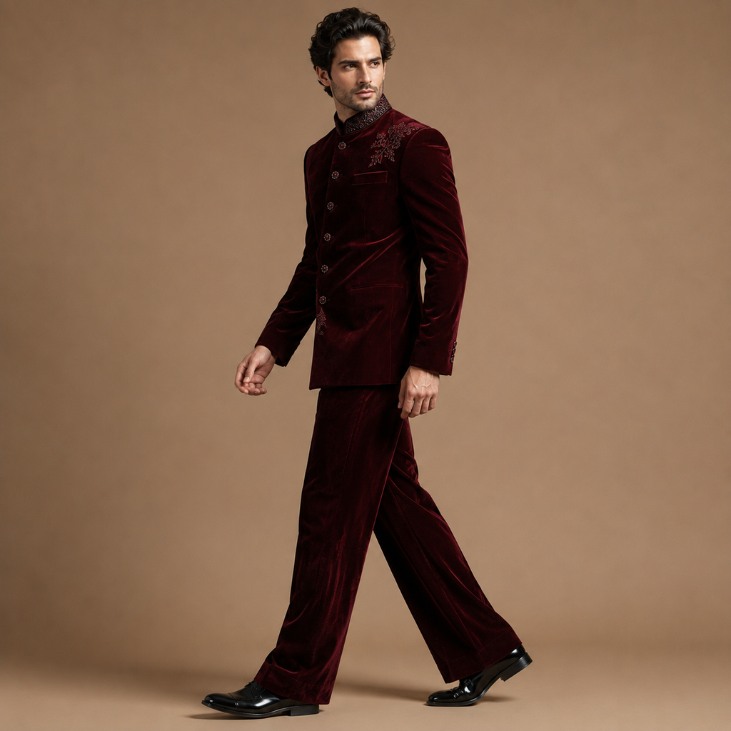 Luxury Dark Maroon Wine Groom Jodhpuri Suit | Hand Embroidered Wedding & Engagement Suit with Matching Pants