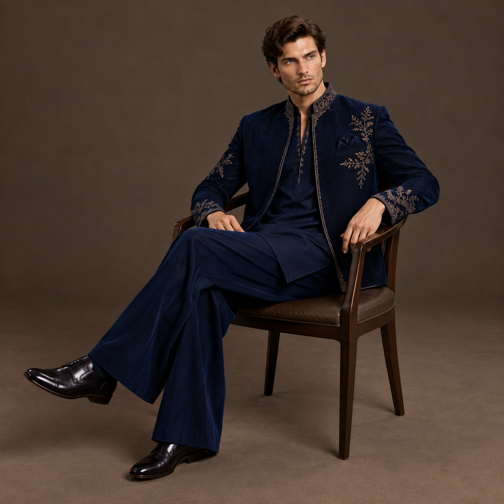 Luxury navy blue open Jodhpuri jacket with hand embroidered gold detailing, short kurta and wide-leg pants for men by P&H BY PRIYANSHU